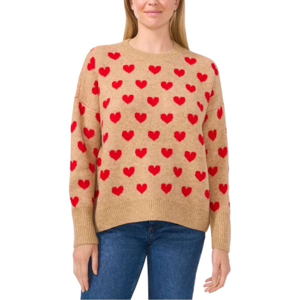 Vince Camuto Women Camel Tan Red Luxe Valentine Heart Sweater Size‎ Medium NWT